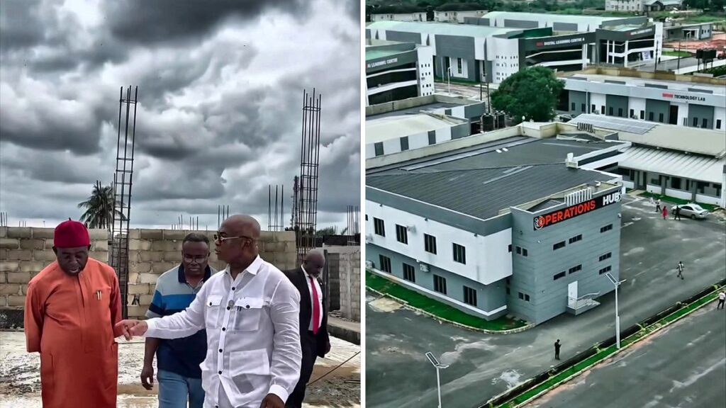 Governor Hope Uzodimma inspecting a building site, alongside an aerial view of the Operations Hub, Imo State.