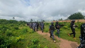 Security personnel walk through a grassy area during an operation in Imo State.